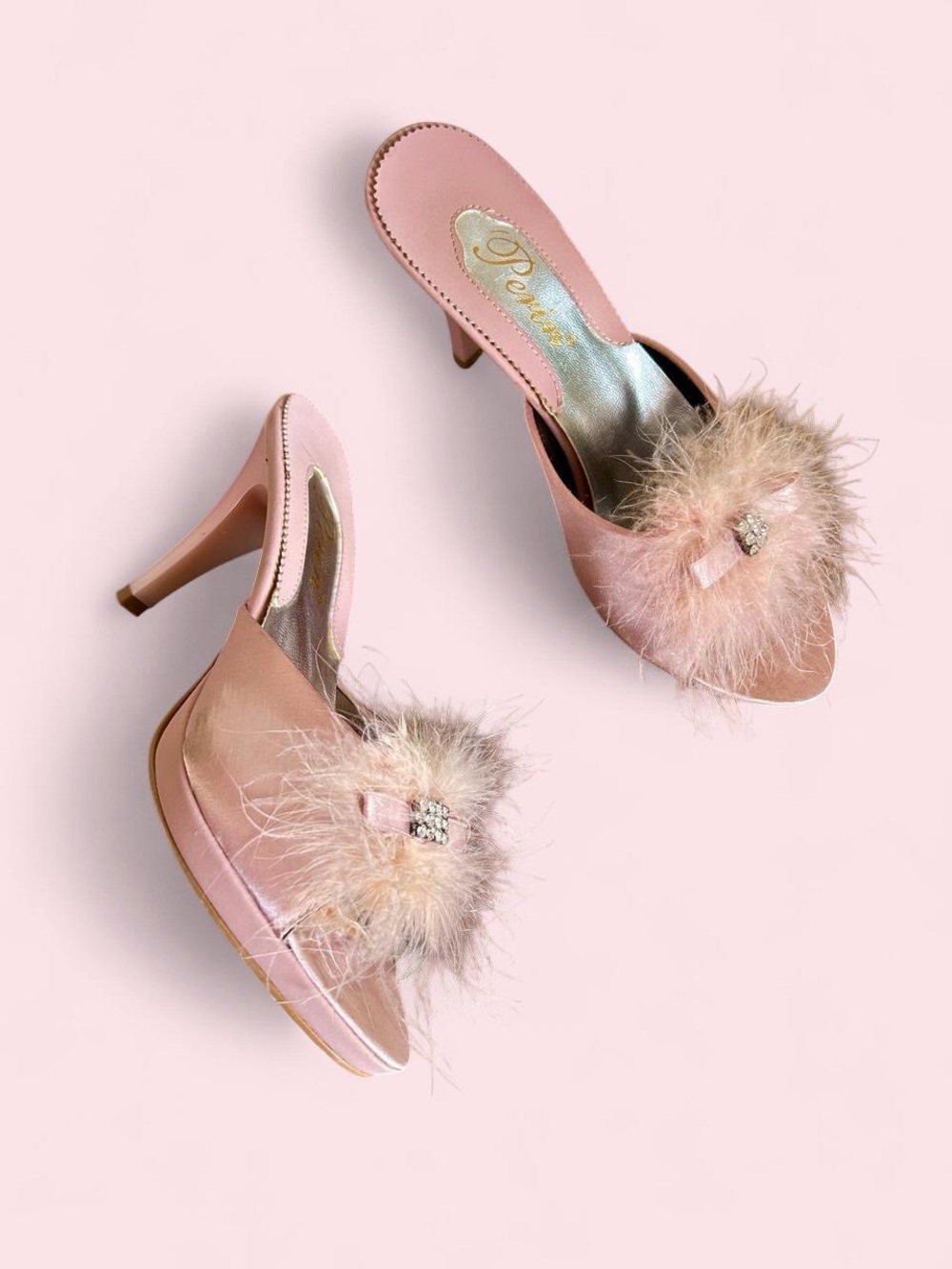 Pink Feather satin Slide heels with Jewel Accent